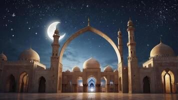Grand Mosque Architecture with Crescent Moon and Starry Night photo