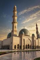 Admiring Mosque Architecture and Minarets Reflecting in Pavement at Sunrise photo