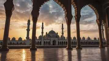 Mosque Architecture and Arches at Sunset Creating Spiritual Serene Atmosphere photo