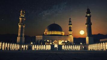 Majestic Mosque at Night with Stars and Moon Islamic Architecture photo
