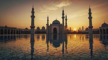 Mosque Reflecting in Water at Sunset with Orange Sky and Architecture photo