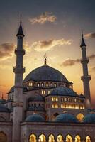 Mosque Architecture with Minarets and Dome at Golden Hour Sunset photo