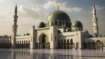 Exterior View of Masjid an Nabawi with Green Dome and Minarets photo