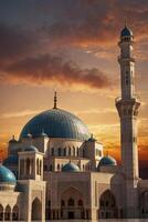 Mosque Architecture with Minaret Tower and Dome Under Dramatic Sky photo
