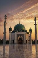 Majestic Mosque Architecture Under Warm Sky with Reflections on the Pavement photo