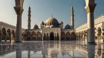 Grand Mosque Architecture Reflecting on Paved Square Under Bright Sky photo