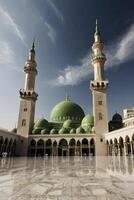 Mosque Architecture with Green Dome and Minarets Under a Cloudy Sky photo