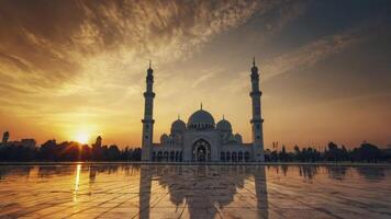Mosque at Sunrise Reflecting on Ground with Cloudy Golden Sky photo