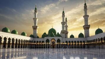 Prophet's Mosque in Medina Saudi Arabia with Towers and Green Domes photo