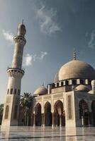 Majestic Mosque with Tower and Domes Under Sky Reflecting on Ground photo
