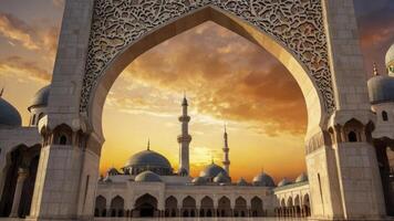 Grand Mosque Architecture Silhouette at Sunset with Golden Sky View photo