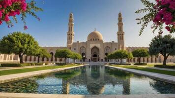 Sultan Qaboos Grand Mosque Reflecting in Water with Garden View photo