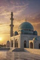 Magnificent Mosque Architecture at Sunset with Tower and Dome Details photo