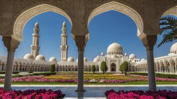 Viewing White Mosque Through Arches with Colorful Garden in Foreground photo