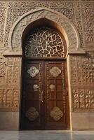 Elaborate Wooden Doorway with Carved Stone Arch and Intricate Details photo