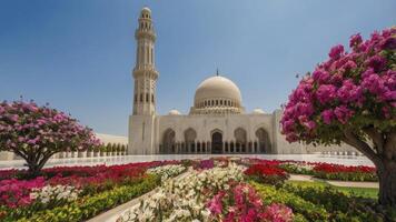 Visiting Grand Mosque with Towering Minaret and Floral Garden in Oman photo