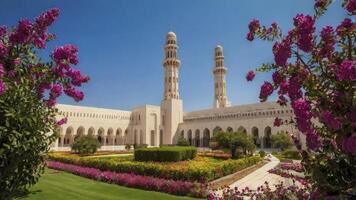 Sultan Qaboos Grand Mosque with Bougainvillea Flowers and Tranquil Gardens photo