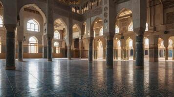 Exploring Grand Mosque Interior with Arches Columns and Tile Floor photo