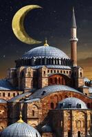 Mosque Architecture with Crescent Moon Against Starry Night Sky photo