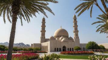 Exploring Grand Mosque with Towering Minarets, Lush Gardens and Palm Trees photo