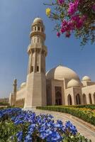 Beautiful Mosque Architecture and Blue Flowers at Sultan Qaboos Grand Mosque photo