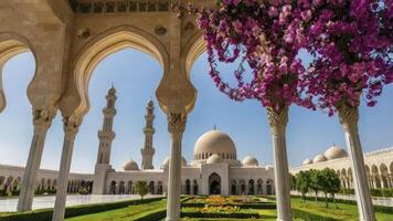 Exploring the Sultan Qaboos Mosque with Arches and Pink Flowers photo