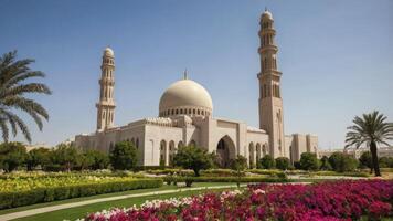Grand Mosque in Oman with Minarets and Flower Garden on Sunny Day photo