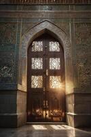 Ornate Wooden Doorway with Sunlight in a Decorative Building photo