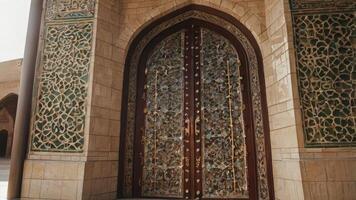 Intricate Wooden Doorway with Decorative Stone Wall in Middle Eastern Architecture photo