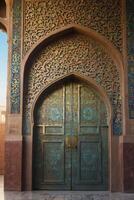 Intricate Wooden Door with Carved Archway in Marrakech Morocco Style photo