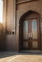 Ornate Carved Doorway of Islamic Architecture with Sunlight and Intricate Details photo
