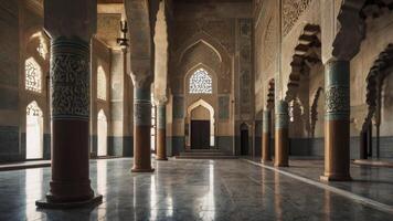 Ornate Mosque Interior with Arches, Columns, and Reflective Marble Floor photo