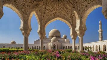 Serene Mosque View with Arches and Flower Garden in Muscat Oman photo