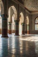 Exploring Ornate Hallway with Columns and Arches Lit by Sunlight photo