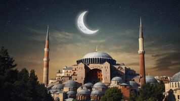 The blue mosque in istanbul, turkey, with a crescent moon in the sky photo