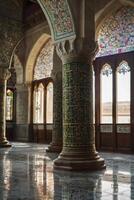 Exploring Ornate Hall with Columns and Stained Glass Windows photo