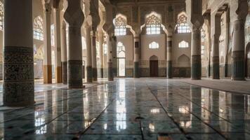 Interior of a Grand Mosque with Elegant Pillars and Reflective Floor photo