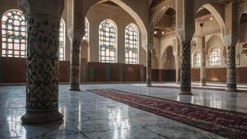 Exploring Interior of Traditional Mosque with Arches Columns and Carpet photo