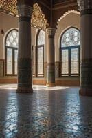 Exploring Ornate Arabic Interior with Columns, Arched Windows and Tile Floor photo