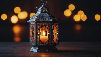 Ornate Lantern with Candlelight Glowing on Wood Table for Ramadan photo