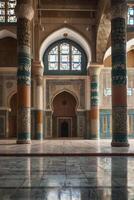 Exploring Ornate Interior with Islamic Architecture and Decorative Pillars photo