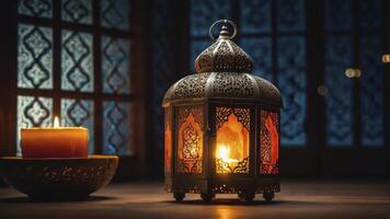 Glowing Lantern and Candlelight Create Warm Ambiance Perfect for Ramadan photo