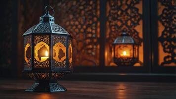 Ornate Lanterns Glowing with Candlelight on Wooden Surface Creating Warm Ambiance photo