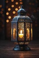 Ornate Lantern with Candlelight Glow Creates a Warm and Festive Atmosphere photo