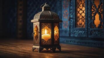Ornate Lantern Illuminating Candle Flame on Wooden Surface with Decorative Background photo