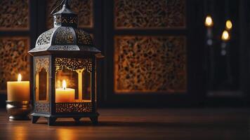 Burning Lantern and Candlelight Create Atmospheric Ramadan or Eid Celebration photo