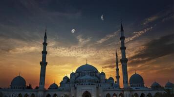 Mosque at Dusk with Moon and Colorful Sky Travel Destination photo