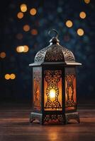 Elegant Metal Lantern Glowing Warmly on Wooden Surface with Bokeh photo