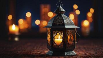 Ornate Lantern Glows with Candlelight Creating a Warm Festive Atmosphere photo
