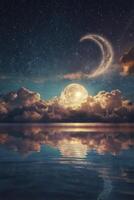 Dramatic Night Sky with Moon Clouds and Water Reflection Scenery photo